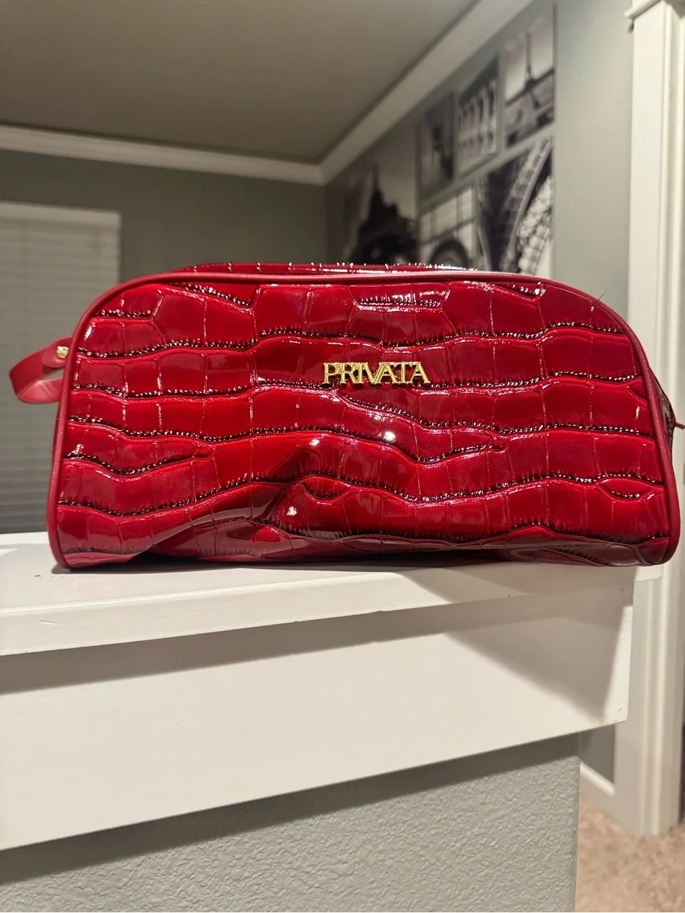 Red Privata  Patent Croc-Embossed Women’s Cosmetic Bag